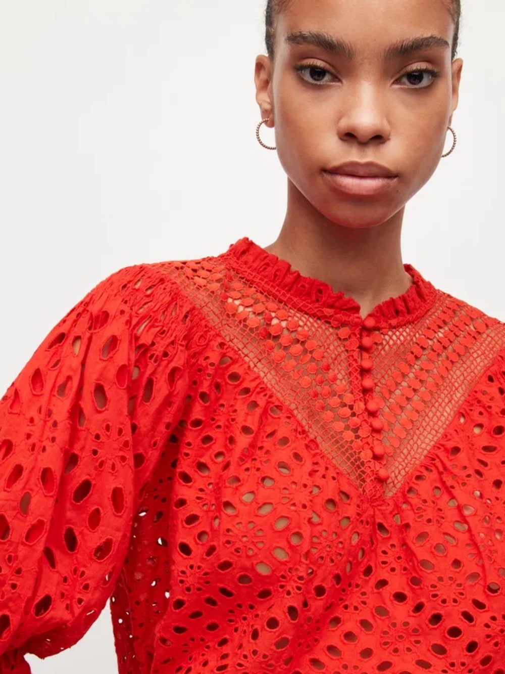 All Saints Red Eyelet Lace Button-Front Blouse